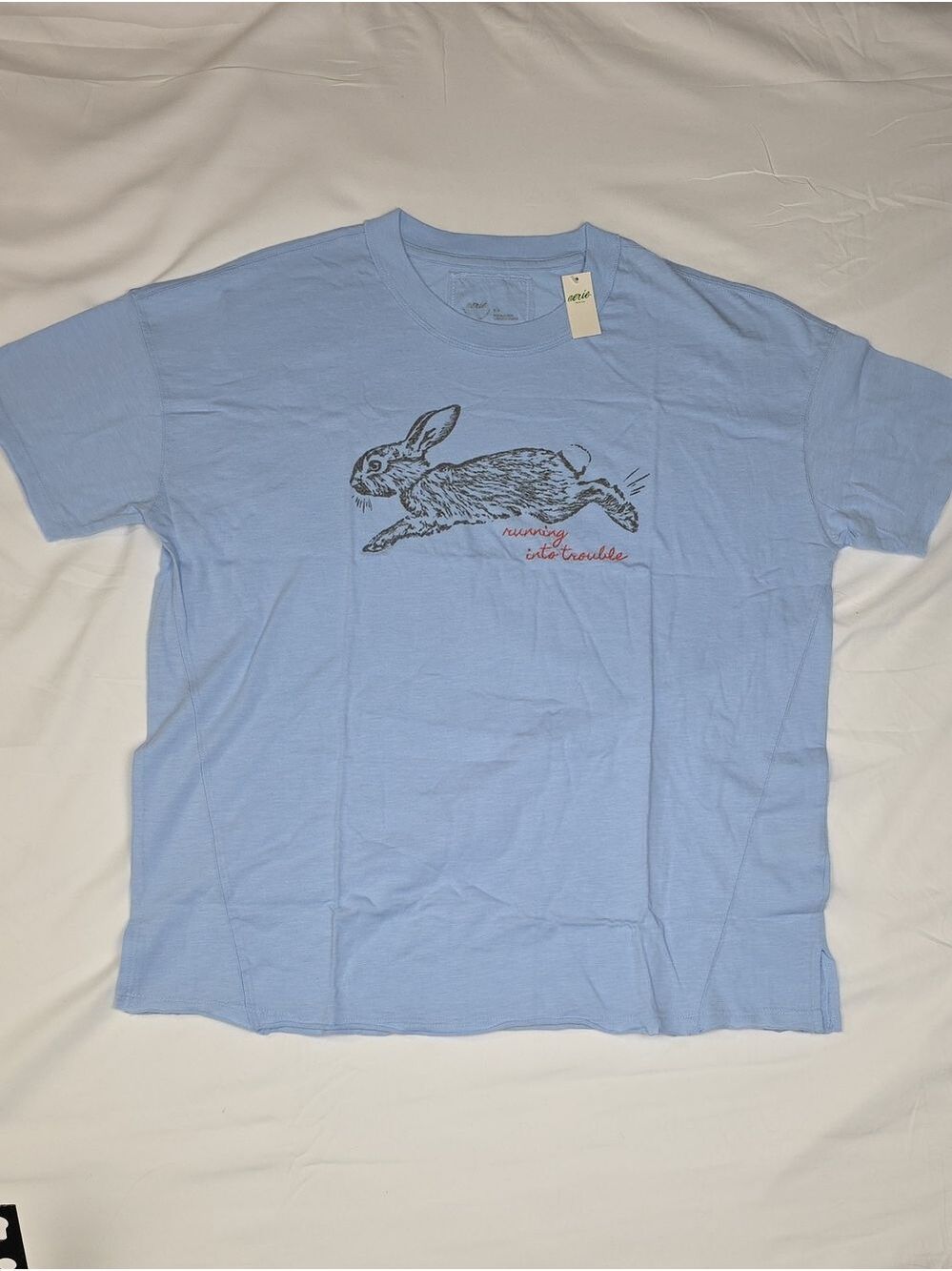 Aerie Light Blue Short Sleeve Tee with Running Rabbit Graphic Small